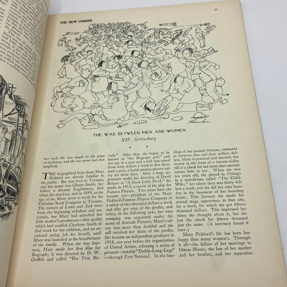 Inside page of The New Yorker magazine from April 7, 1934 featuring the illustration 'The War Between Men and Women' and an article about Mary Pickford.