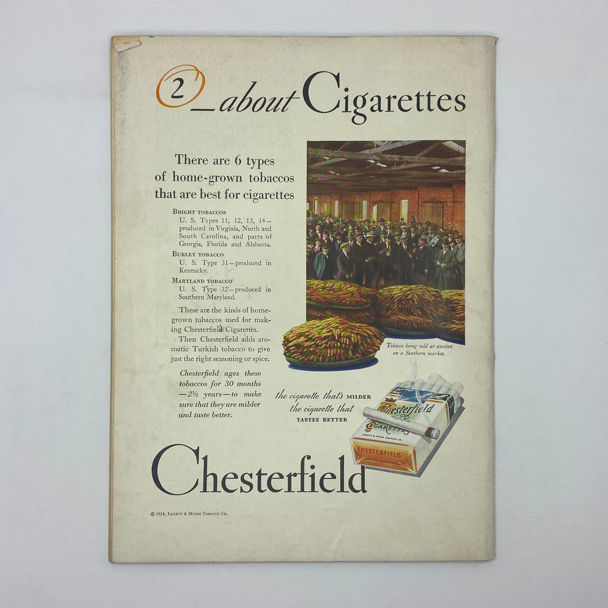 Back cover of The New Yorker magazine from April 7, 1934 advertising Chesterfield cigarettes with information about tobacco types.
