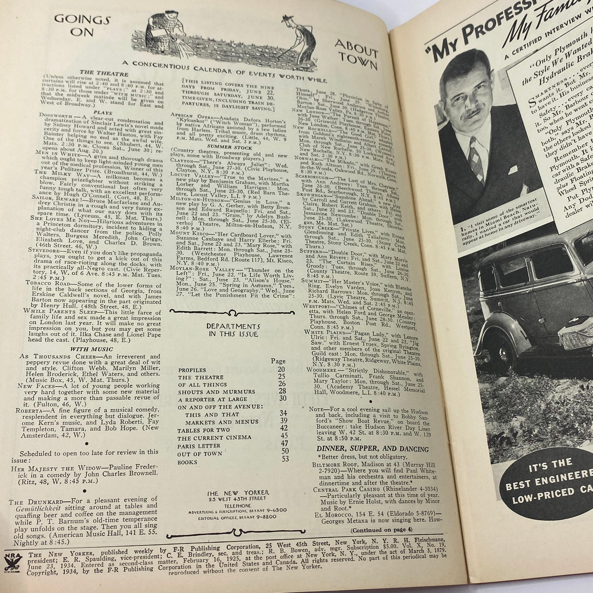 Interior pages of The New Yorker Complete Magazine June 23, 1934 featuring event listings and advertisements, showcasing the vintage layout and design of the early 20th century.