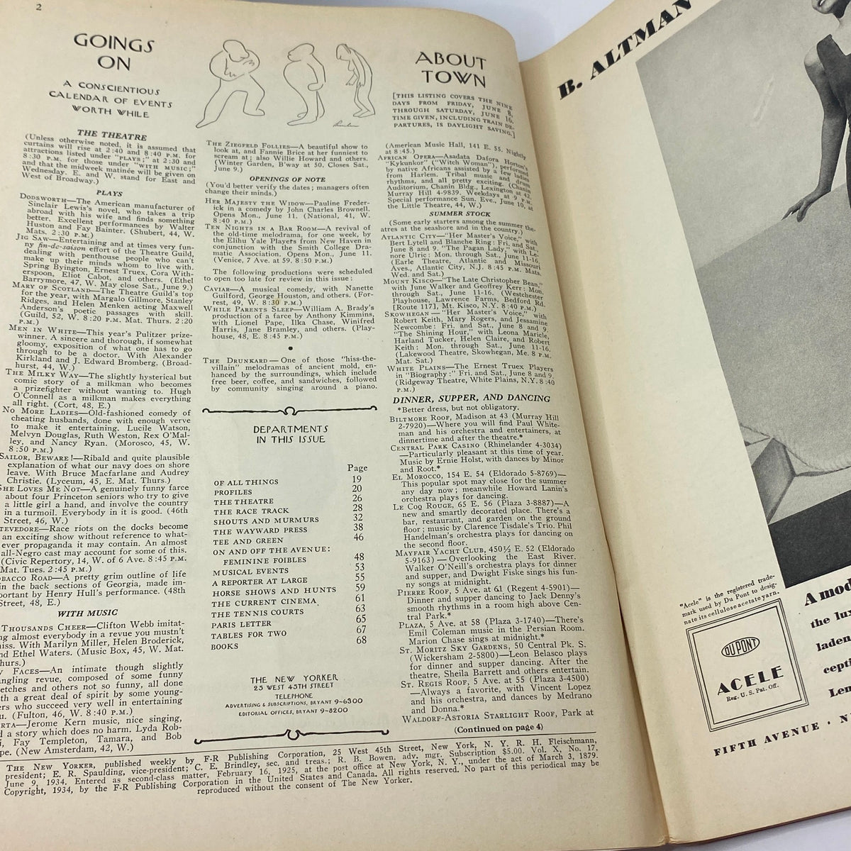 Interior page of The New Yorker magazine, June 9, 1934, with sections 'Goings On' and 'About Town,' showcasing a calendar of events and cultural details from the era, as featured in the issue with the Helen E. Hokinson cover.