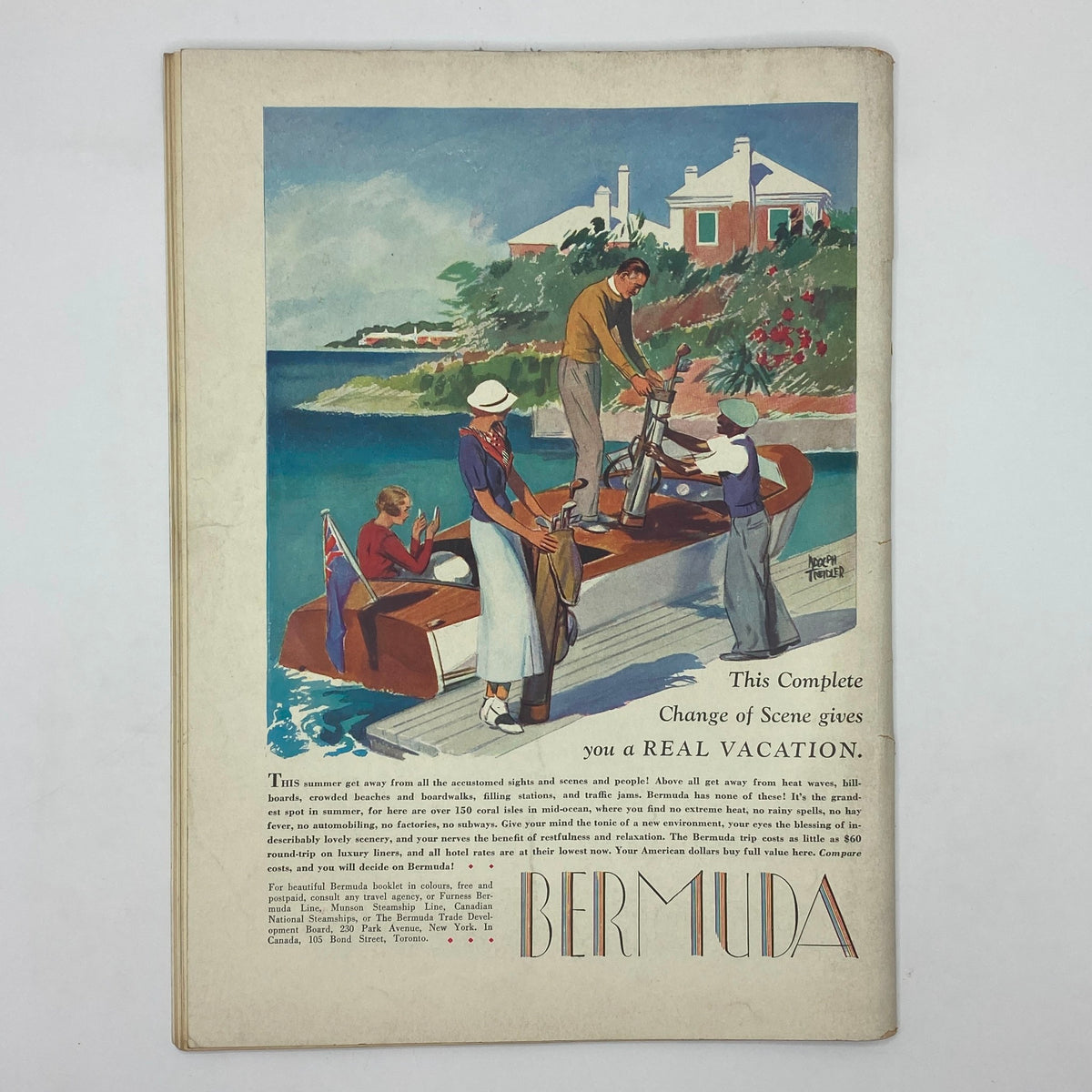 Colorful vintage advertisement promoting Bermuda vacations, showcasing people preparing for leisure activities by the water in 'The New Yorker Complete Magazine June 9, 1934 Helen E. Hokinson Cover VG'.