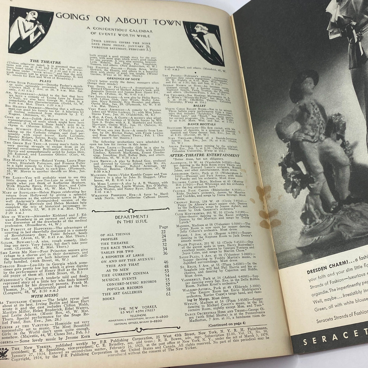 Interior page of The New Yorker Complete Magazine from January 27, 1934, featuring 'Goings On About Town' events calendar, with listings for the theatre and other cultural happenings, showcasing the magazine's vintage design and typography.
