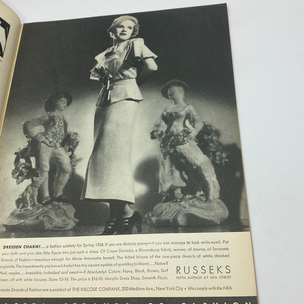 The New Yorker Complete Magazine January 27, 1934 featuring a black and white fashion advertisement for Spring 1934 showcasing a model with vintage clothing next to porcelain figurines. The ad promotes a dress design using Seraceta Strands of Fashion.