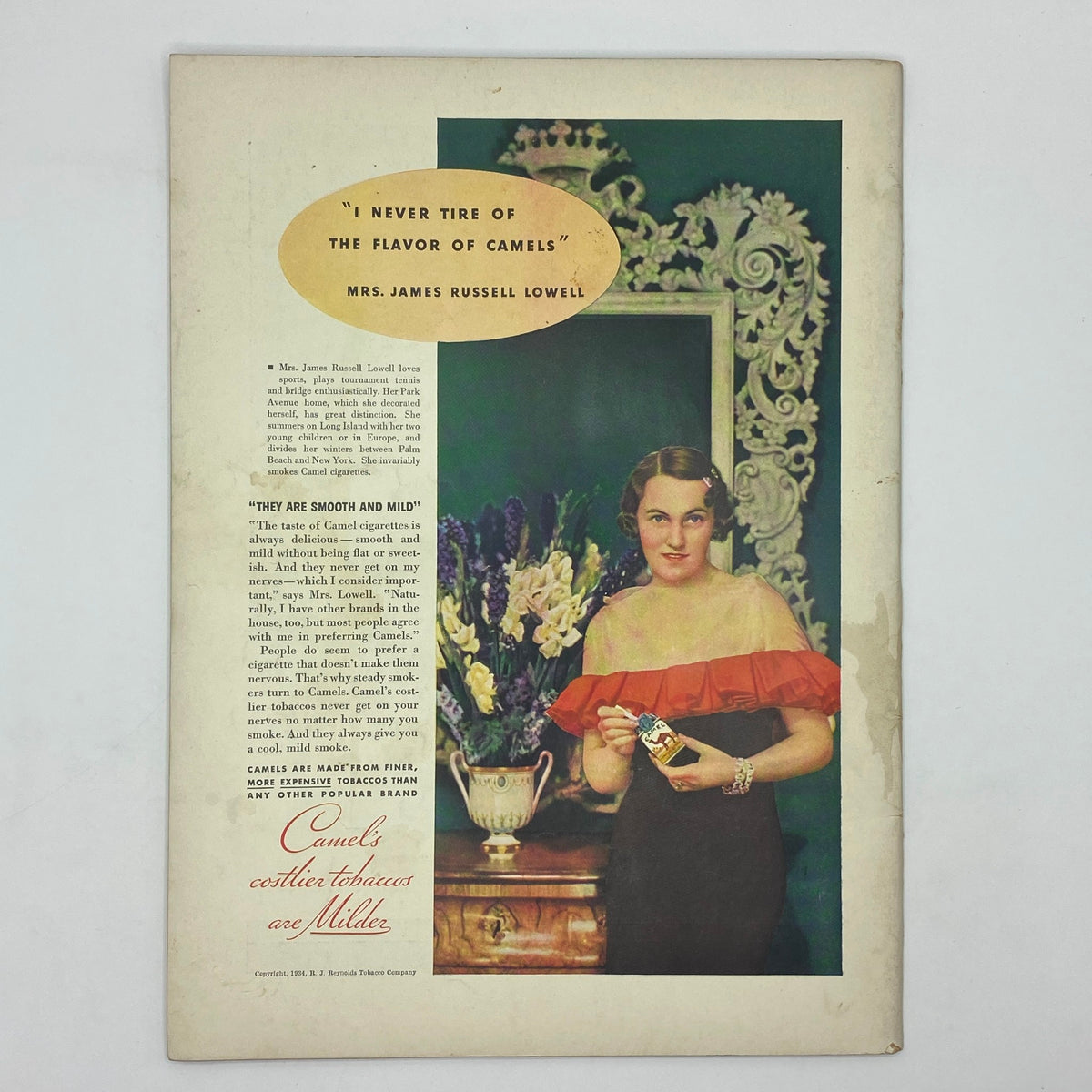 The New Yorker Complete Magazine January 27, 1934 displaying an advertisement for Camel cigarettes featuring a woman in an elegant dress holding a cigarette pack, surrounded by blooming flowers against a decorative backdrop.