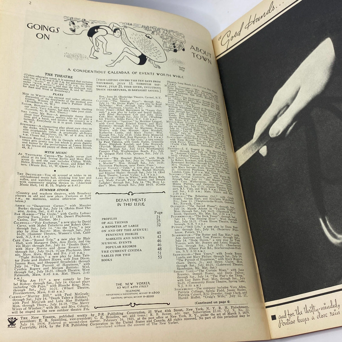 Interior page from 'The New Yorker' Complete Magazine July 14, 1934 featuring illustrations and event listings, highlighting the magazine's vintage style and classic content.