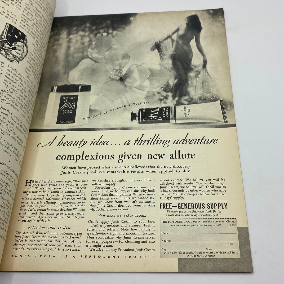 Vintage advertisement featuring Juni's Facial Cream from The New Yorker Complete Magazine July 14, 1934, highlighting beauty and skin care benefits.