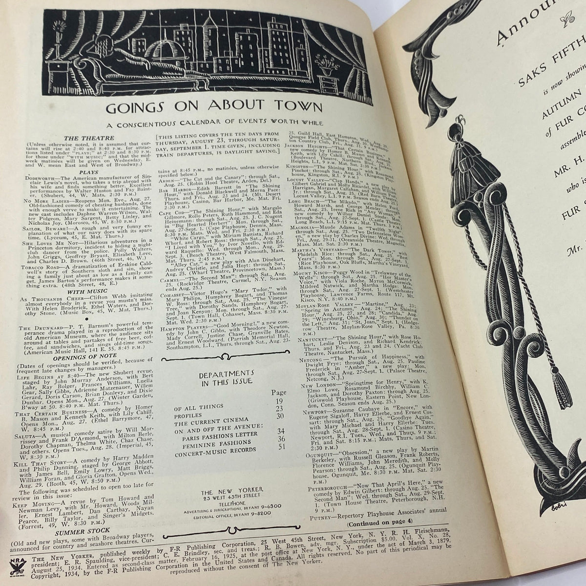Interior page of The New Yorker Complete Magazine from August 25, 1934, featuring the 'Goings on About Town' section, showcasing events in theater and culture during that era.