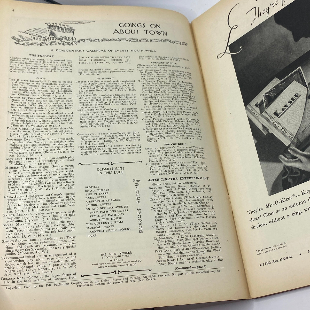 Inside page of The New Yorker magazine, showing 'Goings On About Town' section and theater listings, from the October 13, 1934 issue with Rea Irvin cover.