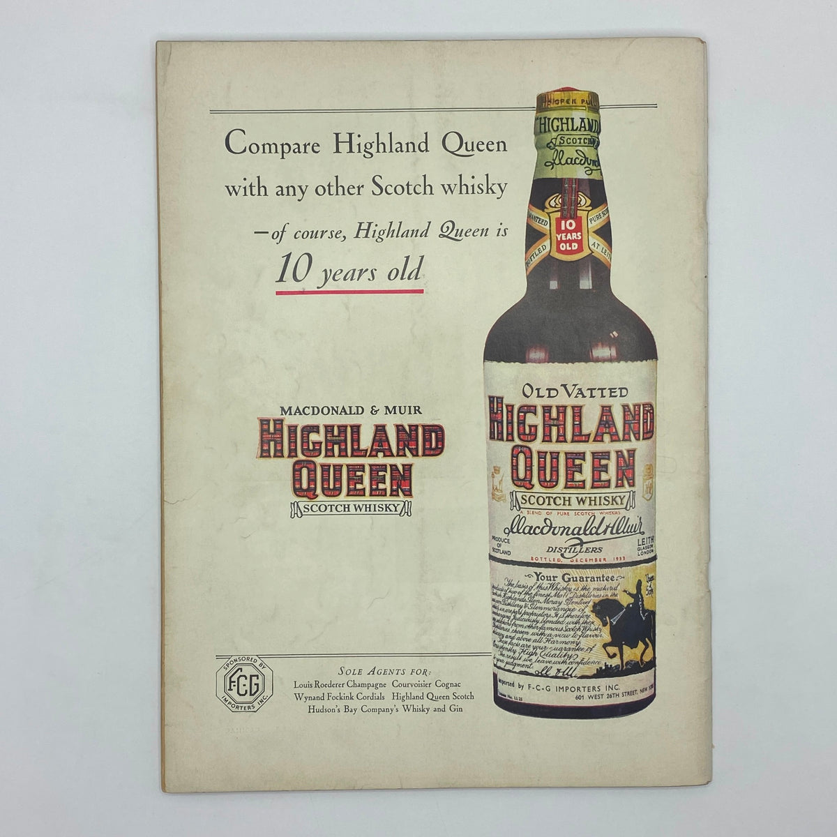 Advertisement for Highland Queen Scotch whisky, promoting a 10-year-old variant, found in The New Yorker magazine, October 13, 1934 issue with Rea Irvin cover.