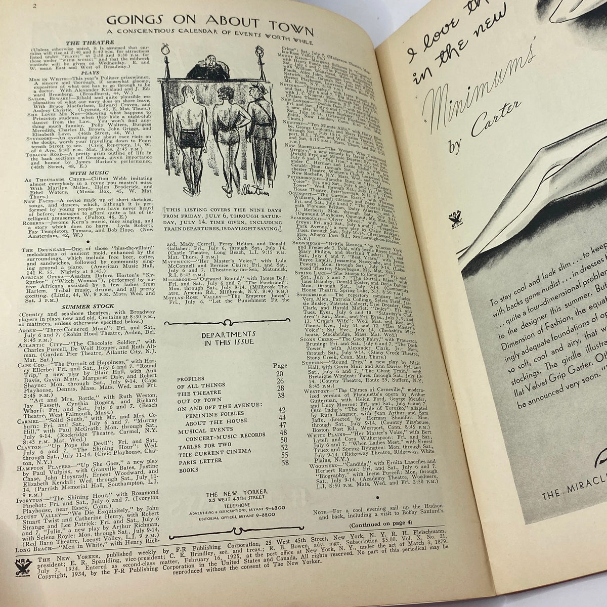 Inside page of The New Yorker Complete Magazine from July 7, 1934, featuring a calendar of events and listings with a vintage illustration, perfect for collectors of historic magazines.