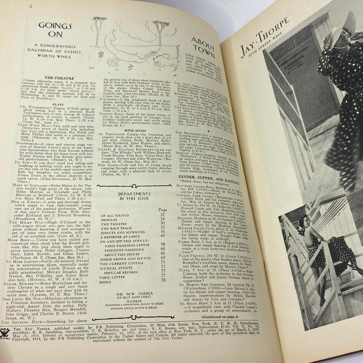 Inside pages of The New Yorker Magazine from May 26, 1934 featuring calendar of events and articles about theater and town activities.