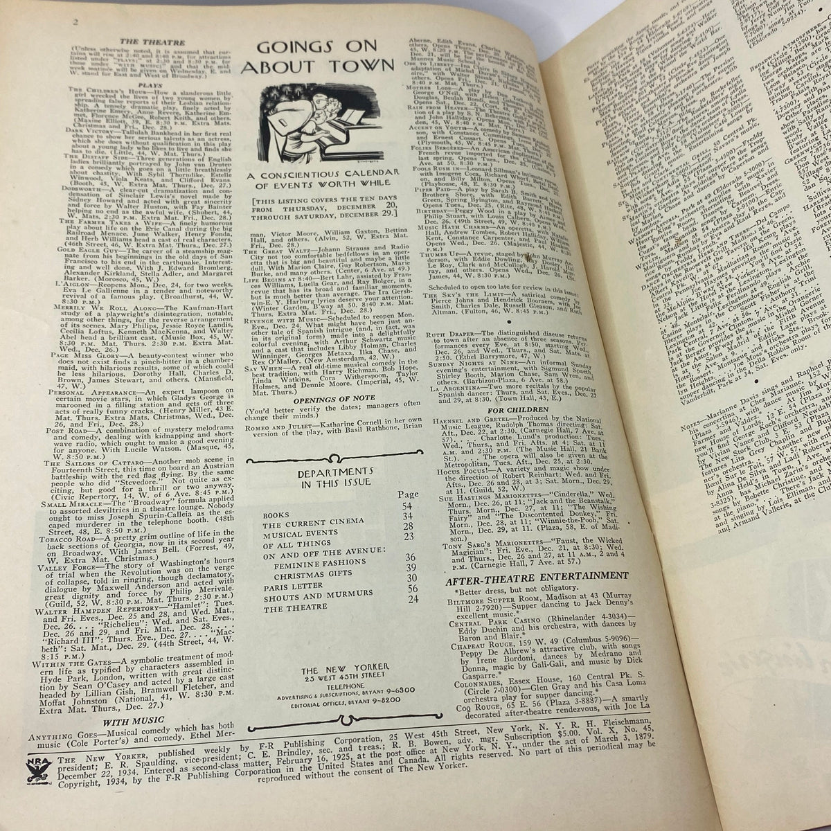 Interior pages of The New Yorker magazine from December 22, 1934, featuring a calendar of events and various articles, in very good condition.