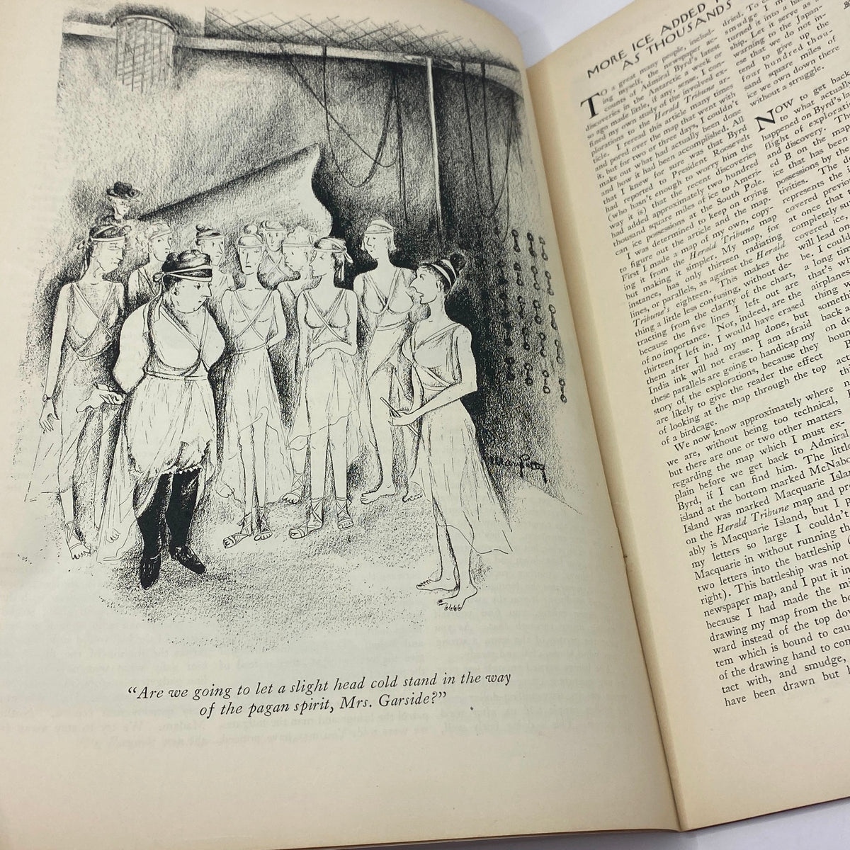 Cartoon illustration in The New Yorker magazine from December 22, 1934, depicting a humorous scene with characters discussing a pagan spirit, showcasing Arnold Hall's artistic style.
