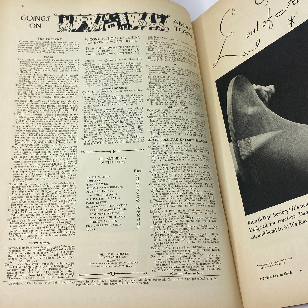 Interior pages of The New Yorker from November 10, 1934 featuring articles and listings with elegant typography showcasing the magazine's historical layout.