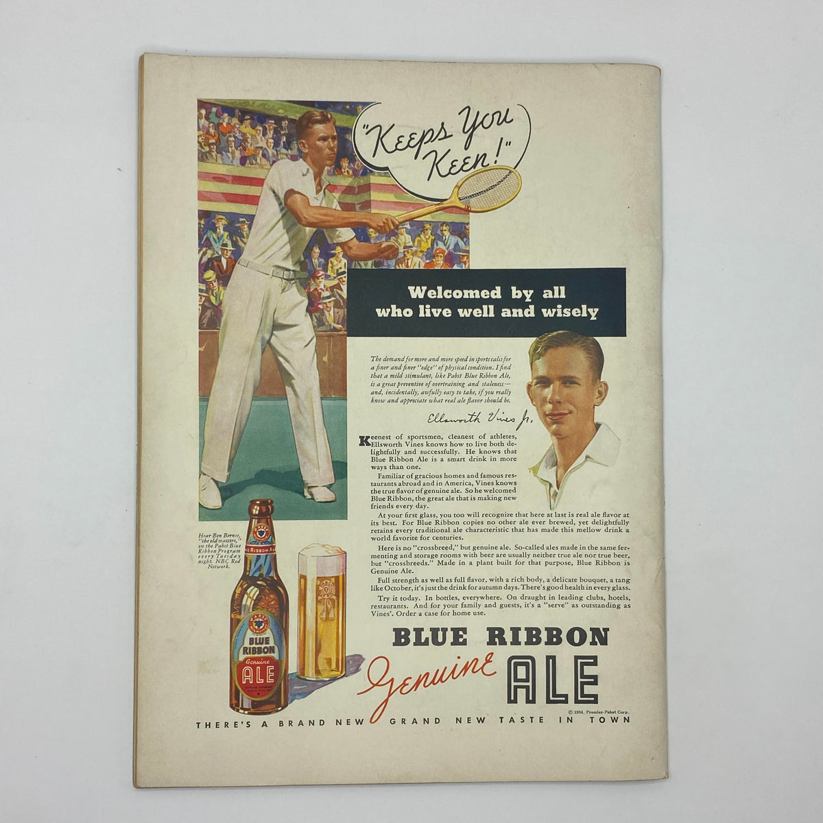Vintage advertisement for Blue Ribbon Ale in The New Yorker from November 10, 1934, featuring an illustration of a tennis player and a bottle of ale.
