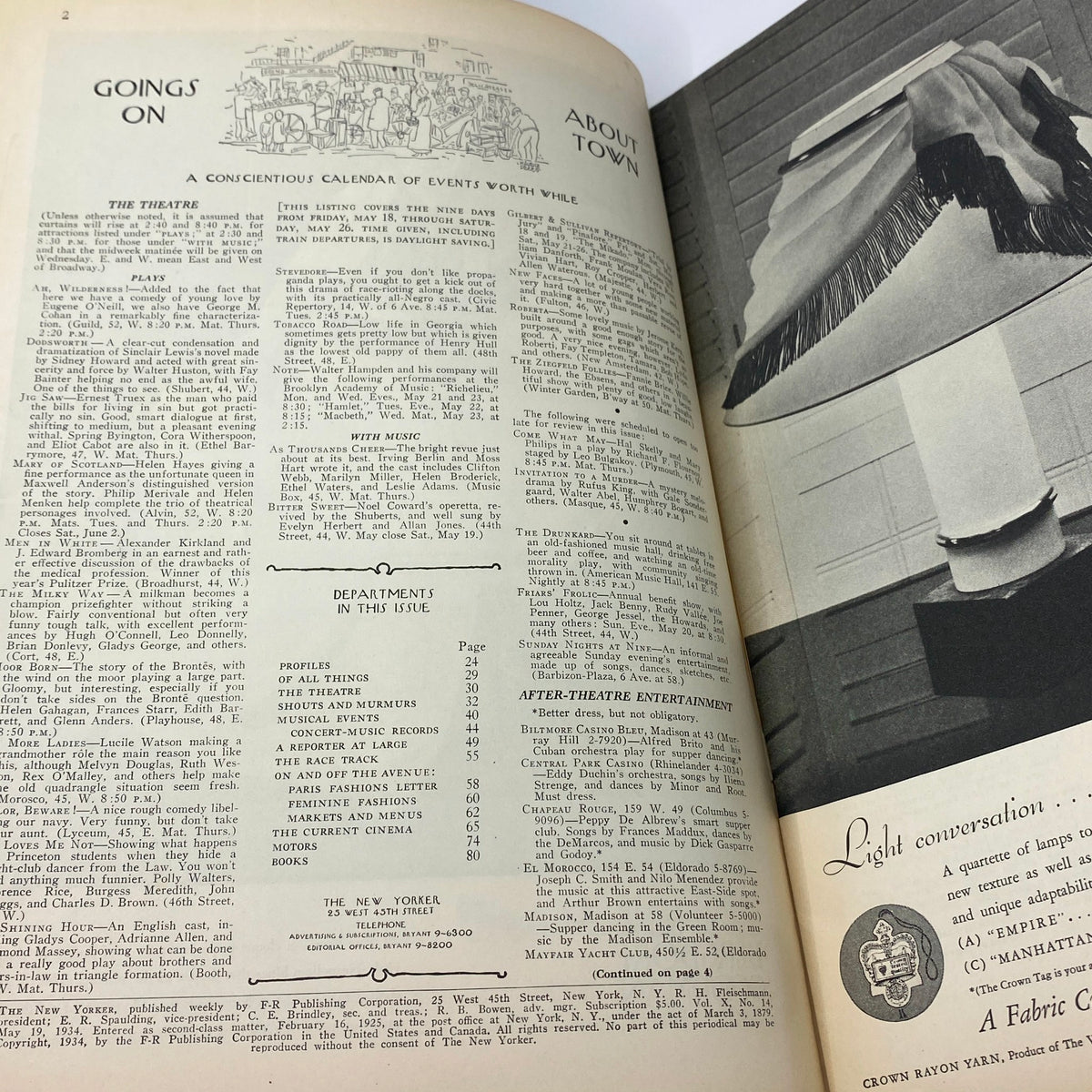 Interior pages of The New Yorker magazine from May 19, 1934, featuring event listings and columns about the theatre, showcasing the magazine's layout and vintage typography.