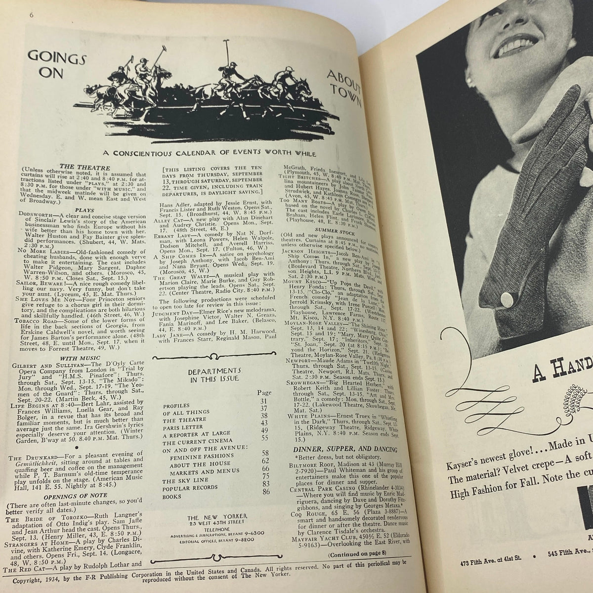 Interior page from The New Yorker Complete Magazine September 15, 1934 featuring calendar of events and advertisements, showcasing vintage design and typography.