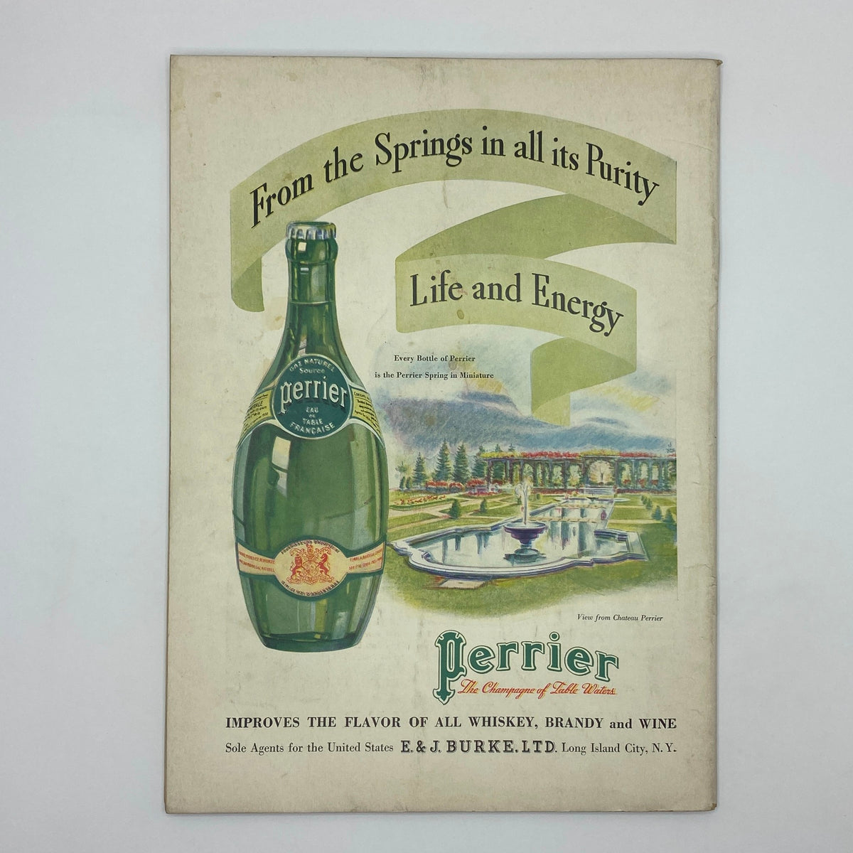 Vintage advertisement for Perrier water from The New Yorker Complete Magazine September 15, 1934, highlighting the brand's marketing and artistic presentation from the era.
