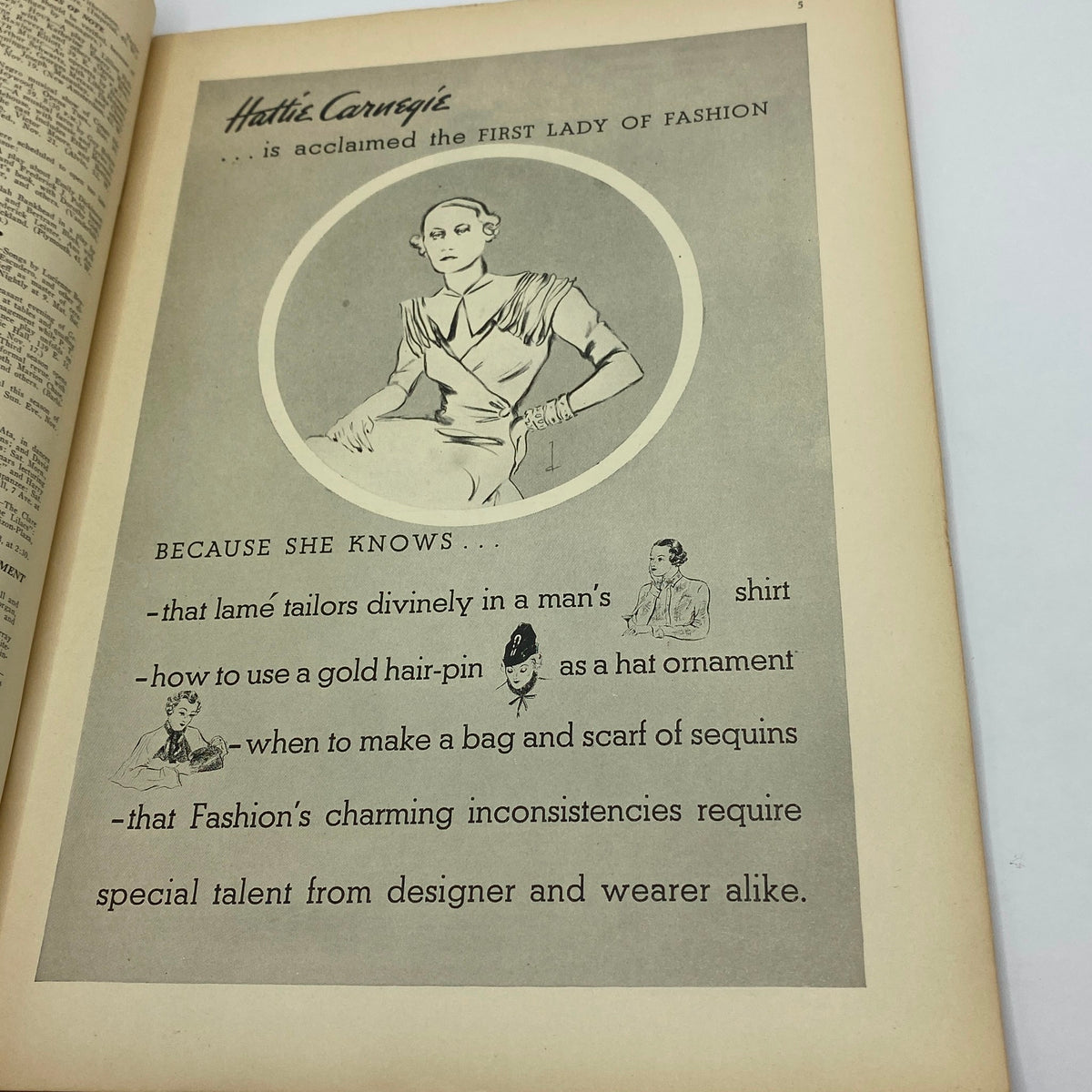 Celebrated fashion advertisement from The New Yorker Complete Magazine November 17, 1934 showcasing Hattie Carnegie, known as the First Lady of Fashion, with fashion tips.