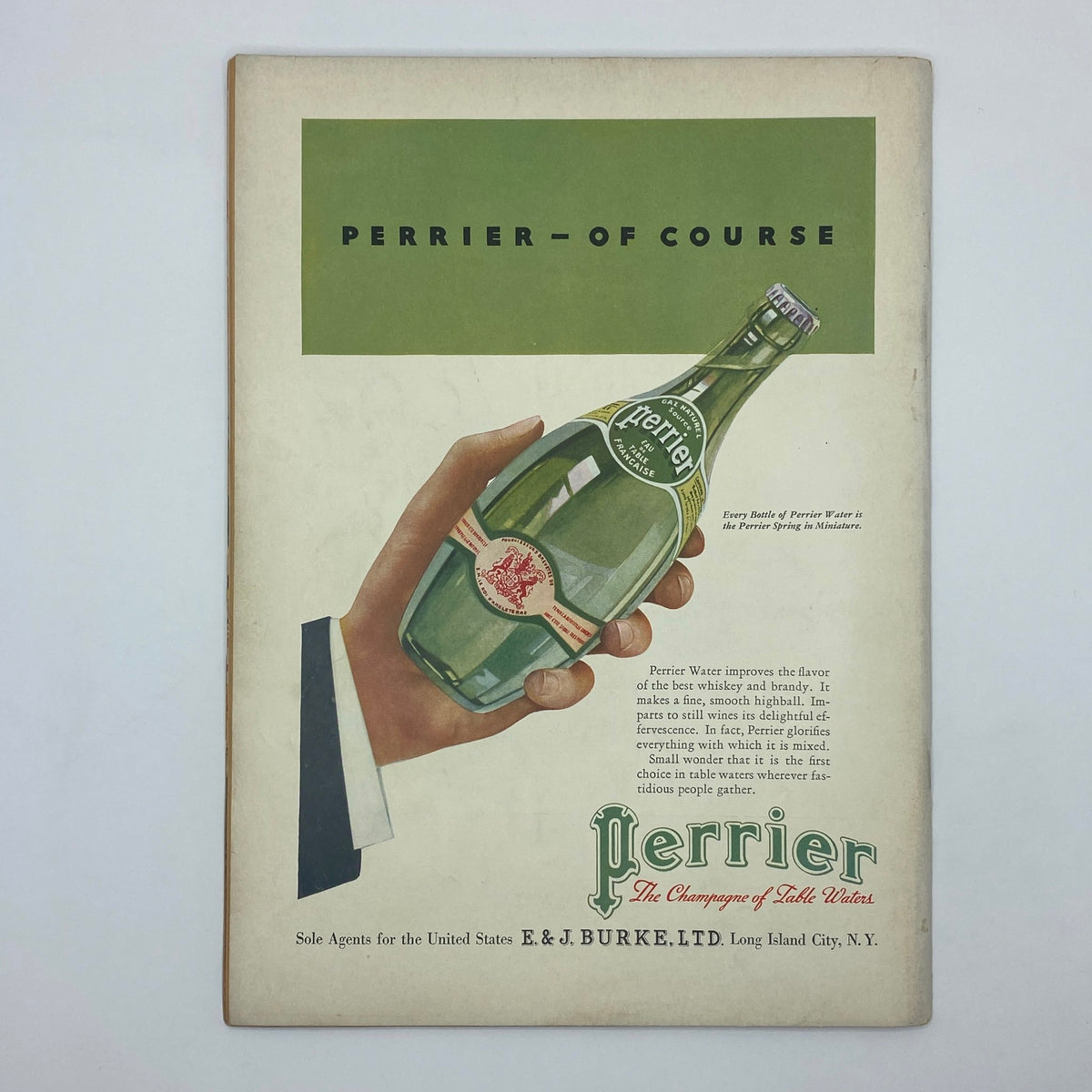 Vintage advertisement for Perrier sparkling water from The New Yorker Complete Magazine November 17, 1934, featuring a hand holding a bottle with brand information.