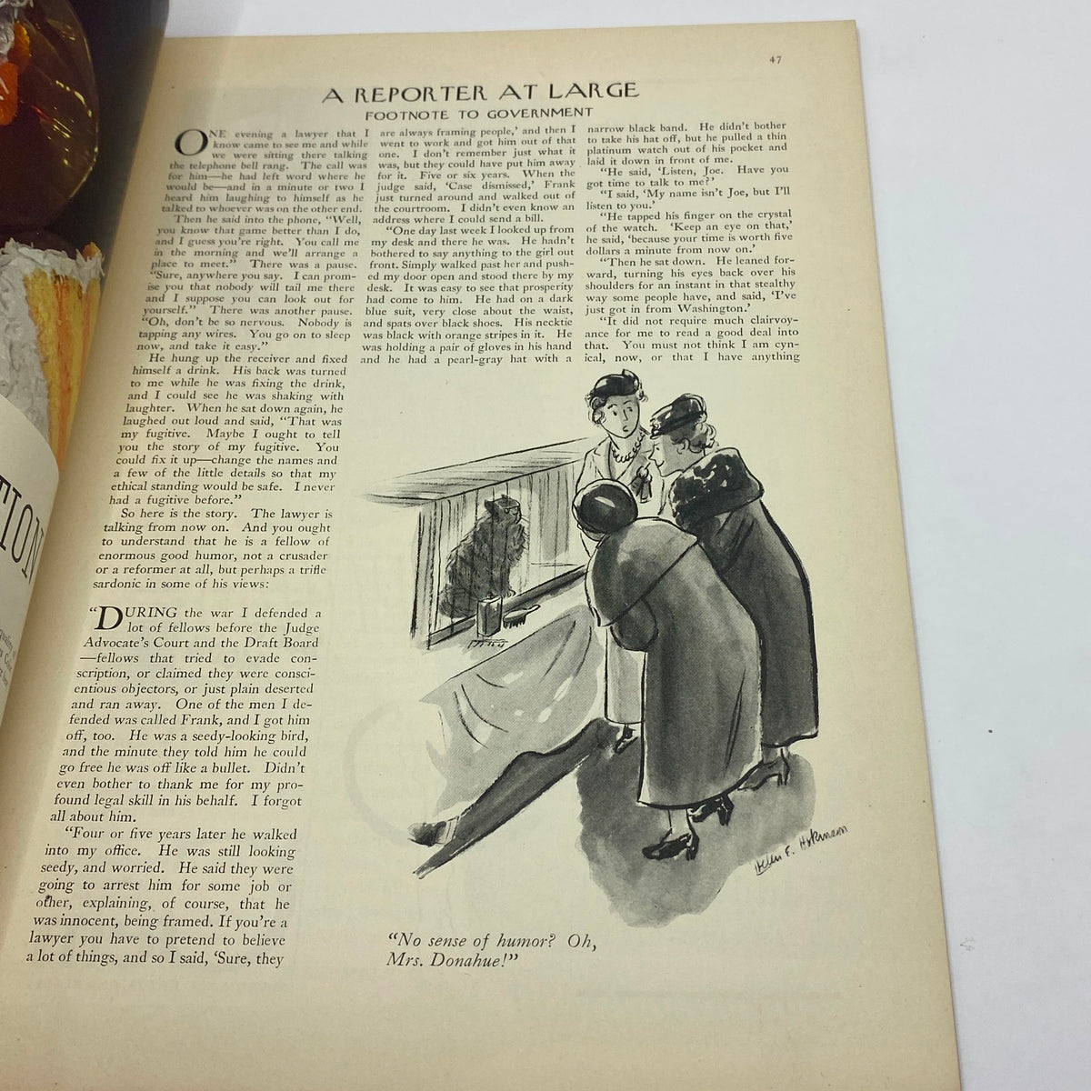 Page from The New Yorker, March 24, 1934, featuring an illustrated article with a humorous depiction of a lawyer, embodying 1930s magazine style.