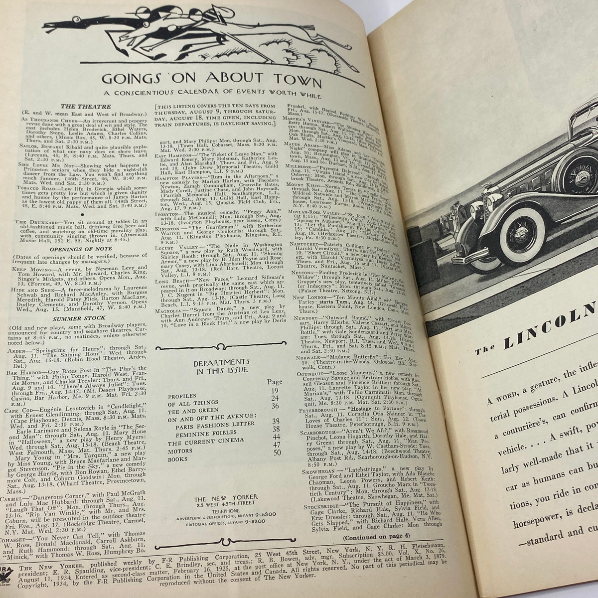 Interior page from The New Yorker Complete Magazine August 11, 1934 featuring the 'Goings On About Town' column detailing events and theatrical happenings.
