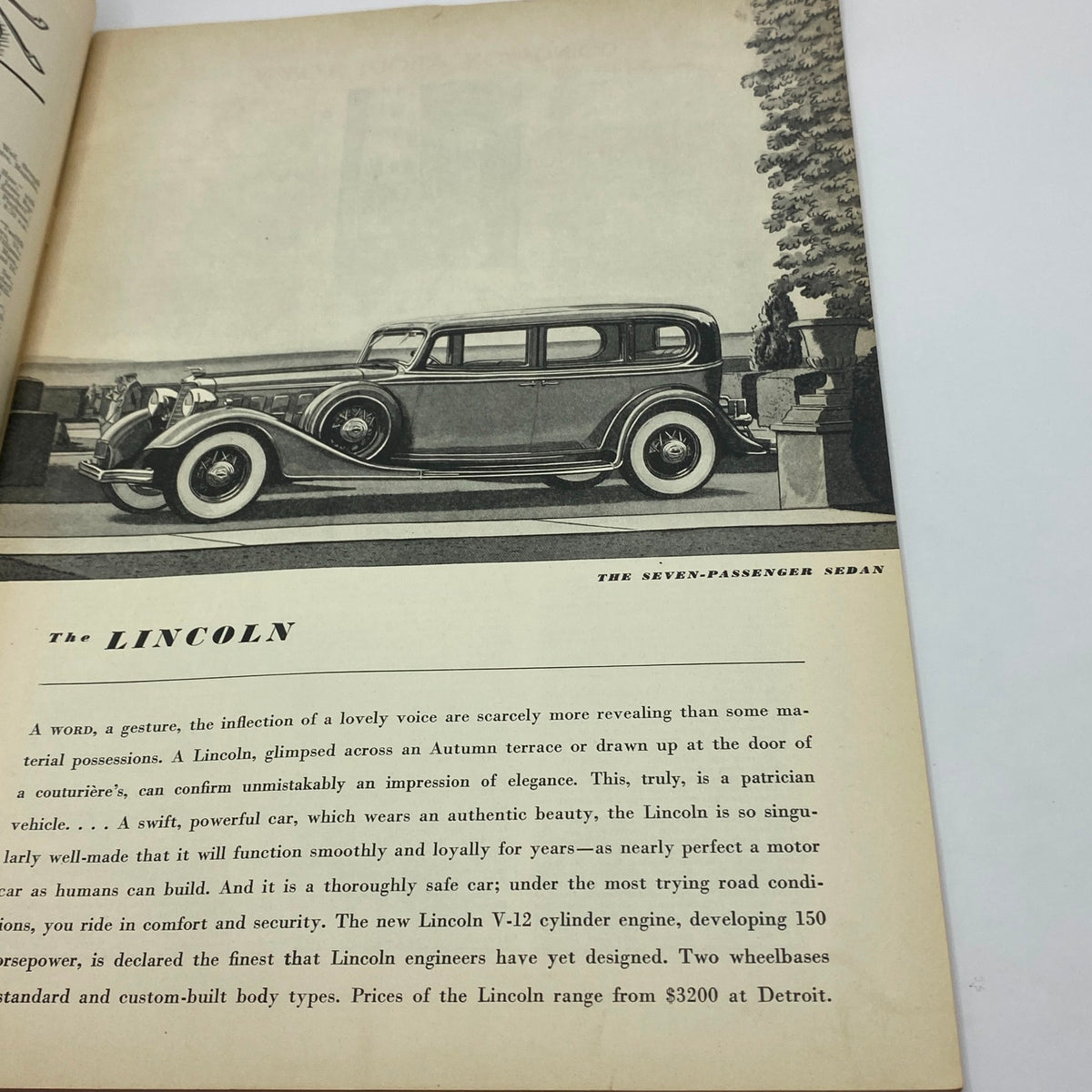 An advertisement page in The New Yorker Complete Magazine August 11, 1934 showcasing the Lincoln Seven-Passenger Sedan, highlighting its elegance and powerful design.