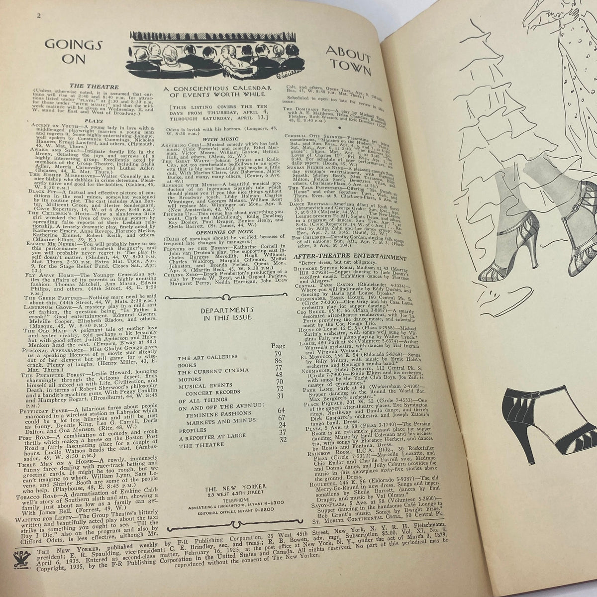 Interior page of The New Yorker magazine from April 6, 1935, featuring articles and a calendar of events, showcasing the cultural landscape of the 1930s.