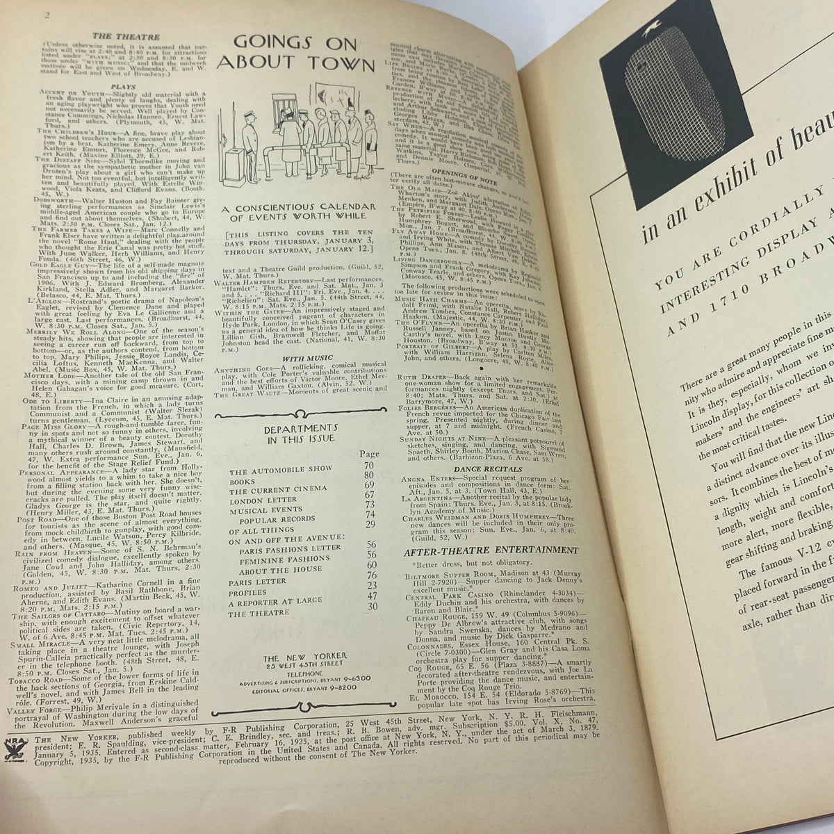 Interior pages of The New Yorker magazine from January 5, 1935, showcasing theater listings and cultural events, reflecting classic American culture.