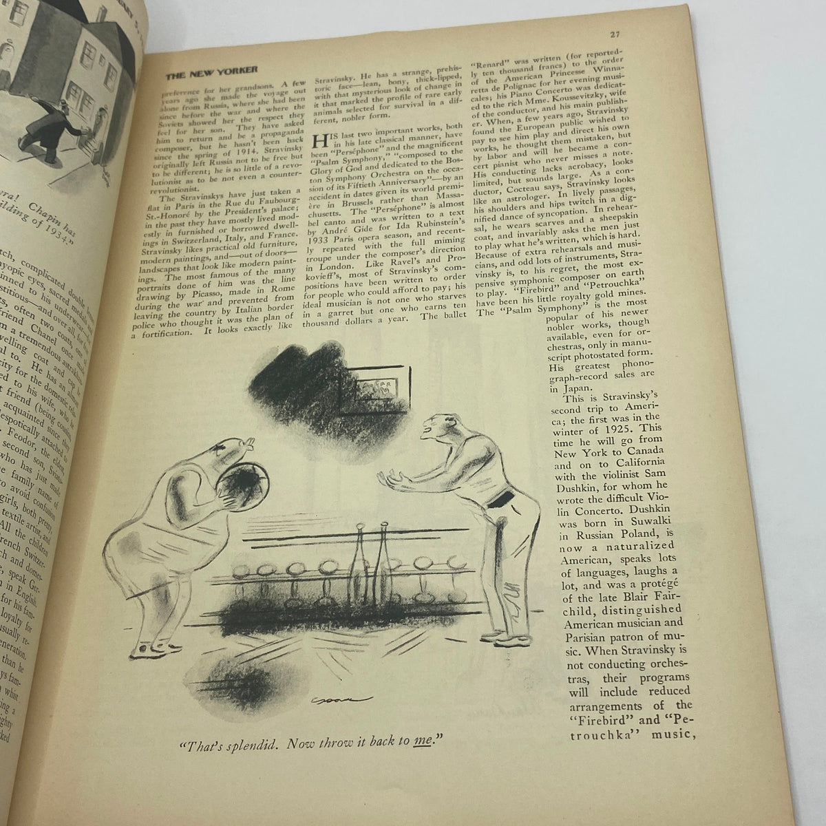 Illustrated page from The New Yorker magazine January 5, 1935, featuring a humorous cartoon depicting two characters, highlighting the magazine's vintage literary style.