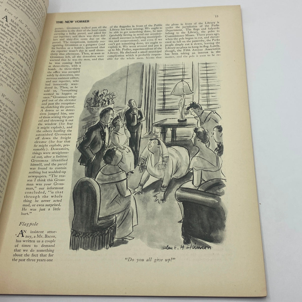 Cartoon illustration from The New Yorker Complete Magazine September 14, 1935 by Helen E. Hokinson, depicting a humorous scene with women in a parlor, capturing the essence of social commentary.