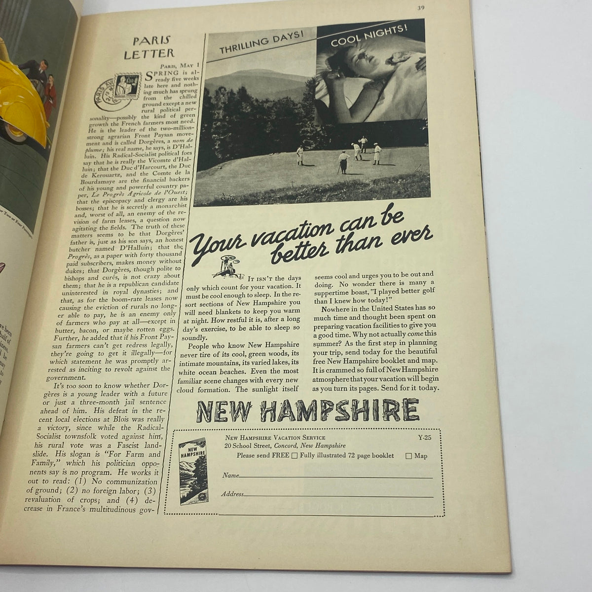 Another interior page from The New Yorker magazine May 11, 1935, displaying an advertisement for New Hampshire vacations alongside a Paris letter.