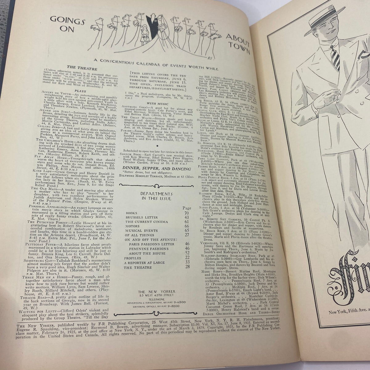 Interior page from The New Yorker magazine dated June 8, 1935, featuring a calendar event listing and advertisements, showcasing the vintage aesthetics and editorial style of the era.