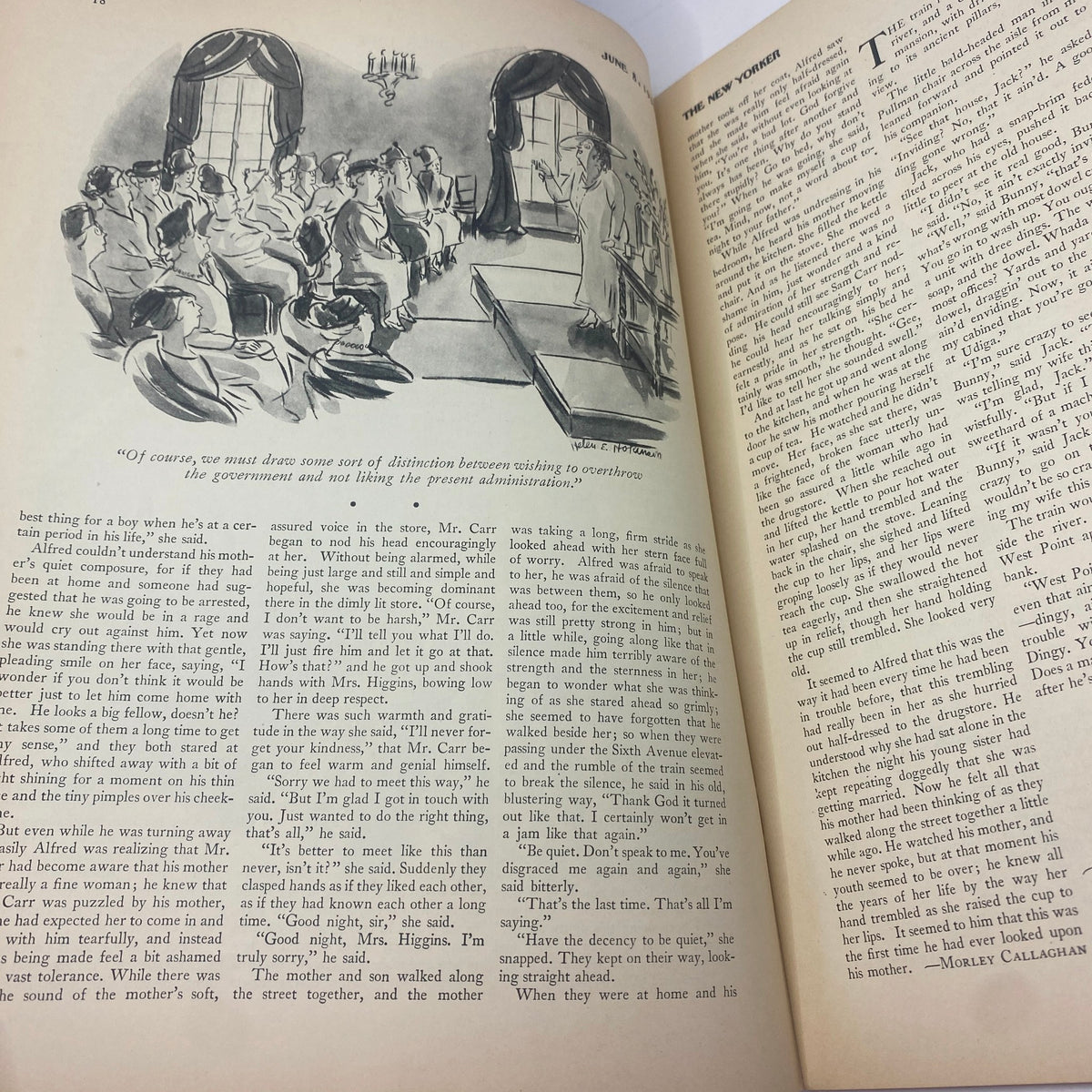 Another interior page from The New Yorker magazine June 8, 1935, displaying an illustration of a speaking event with audience engagement and text from the magazine's storytelling, reflecting the humor and style of the time.