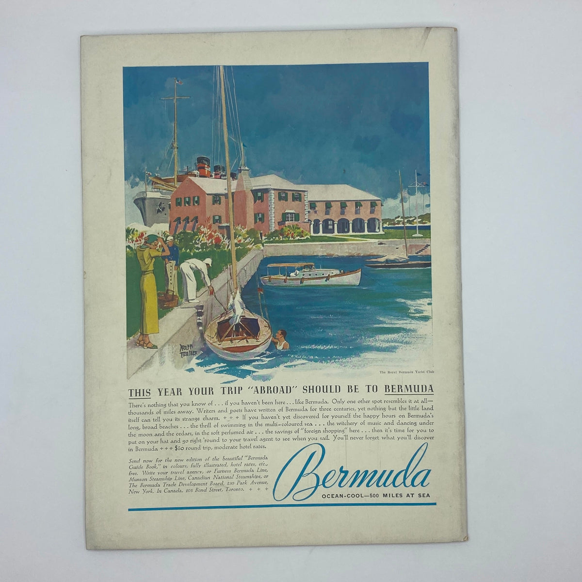 Vintage advertisement page from The New Yorker magazine dated June 8, 1935, promoting travel to Bermuda with a colorful illustration of boats and seaside scenery, capturing the allure of travel in the 1930s.