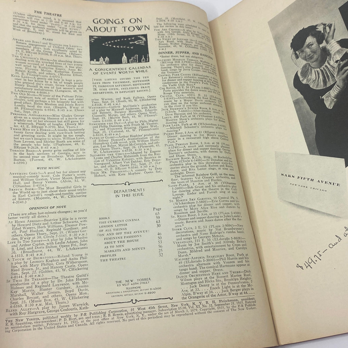 Inside view of The New Yorker magazine from September 21, 1935, featuring advertisements and a calendar of events, highlighting cultural activities of the era.