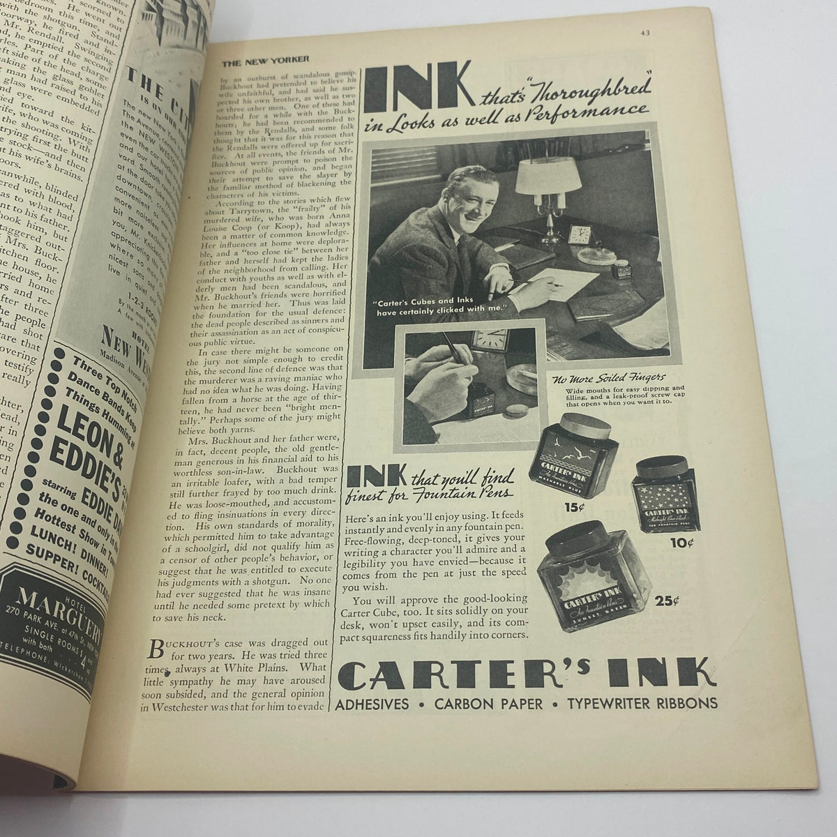 Inside page of The New Yorker magazine dated September 21, 1935, showcasing an advertisement for Carter's ink, emphasizing its quality and performance.
