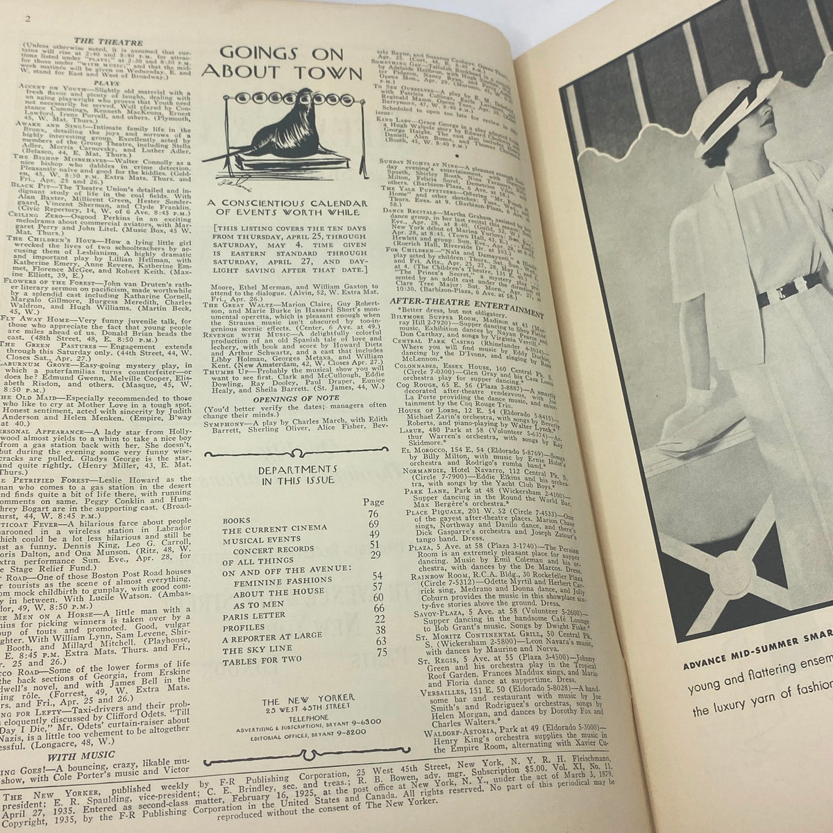 Inside page of The New Yorker Complete Magazine April 27, 1935 showing calendar of events 'Goings on About Town' and various departments.