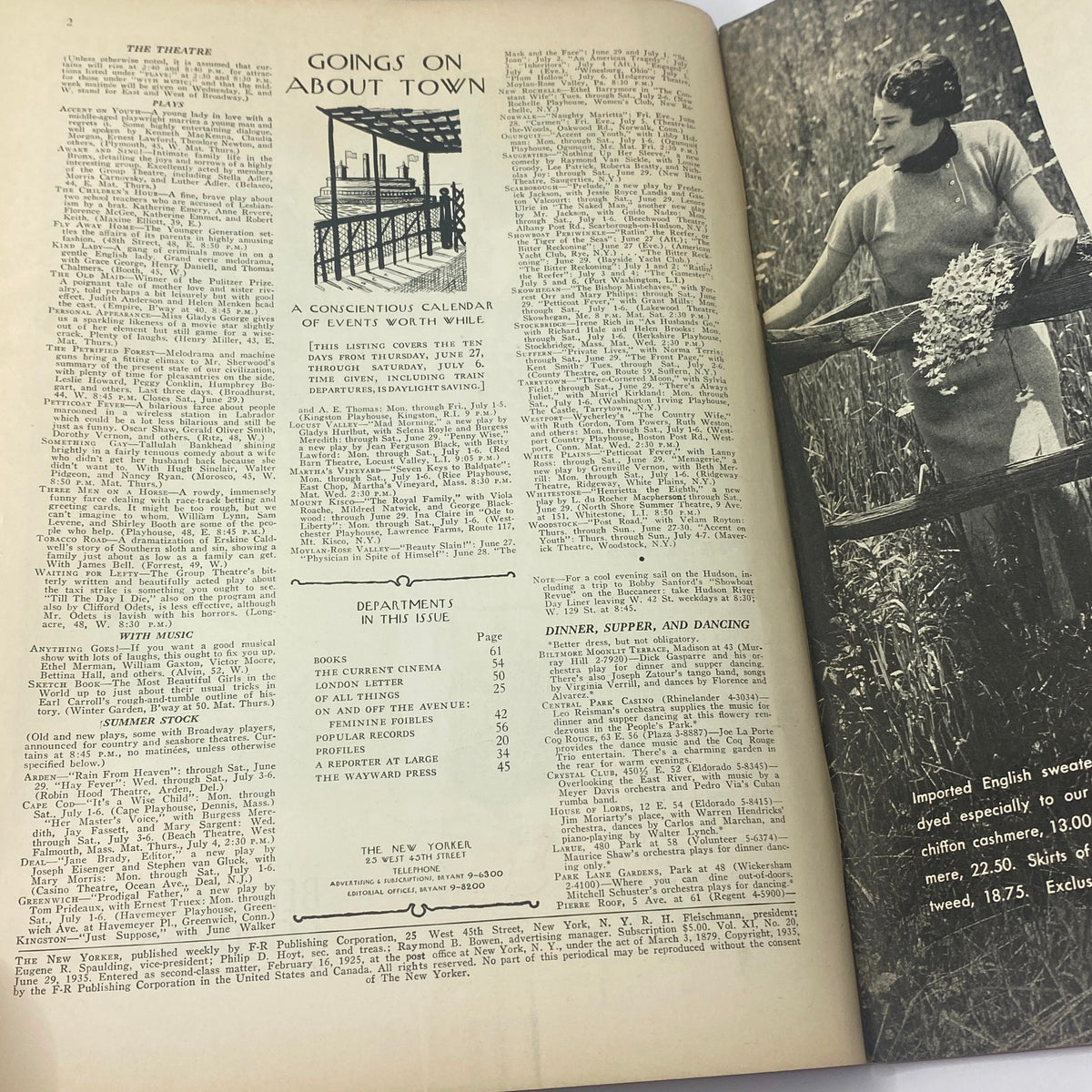 Interior pages of The New Yorker Complete Magazine June 29, 1935 featuring events calendar and articles with vintage design.