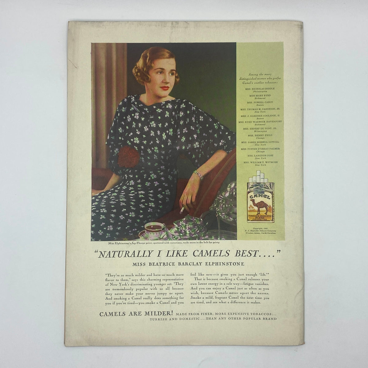 Vintage advertisement featuring Beatrice Barclay Elphinstone promoting Camel cigarettes, from The New Yorker magazine, August 10, 1935.