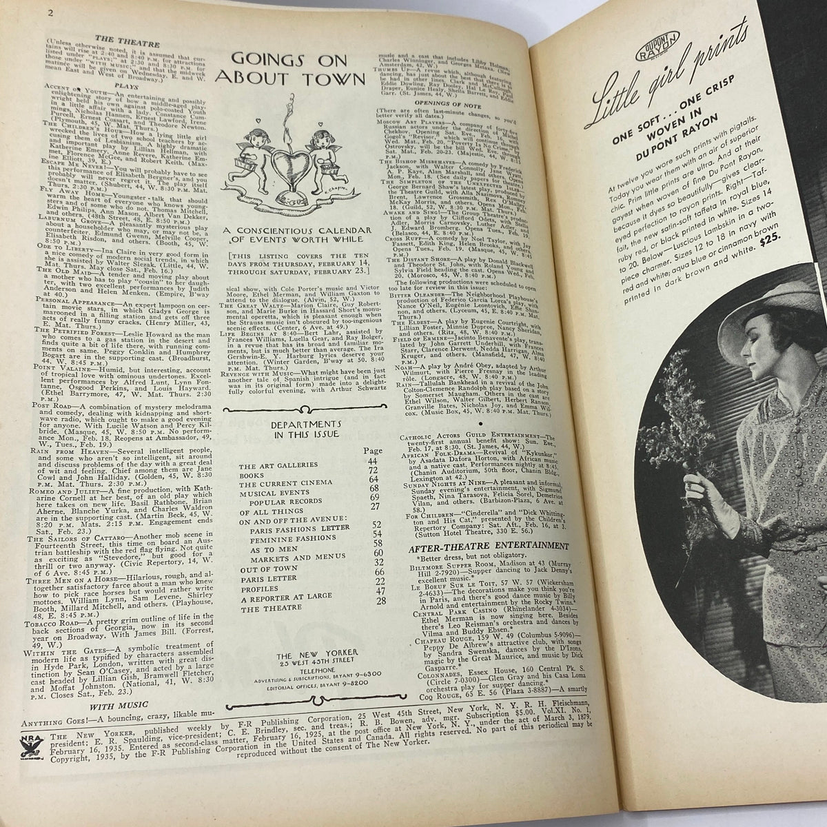 Interior page from The New Yorker magazine February 16, 1935, showing article 'Goings On About Town' along with departments listed in the issue.