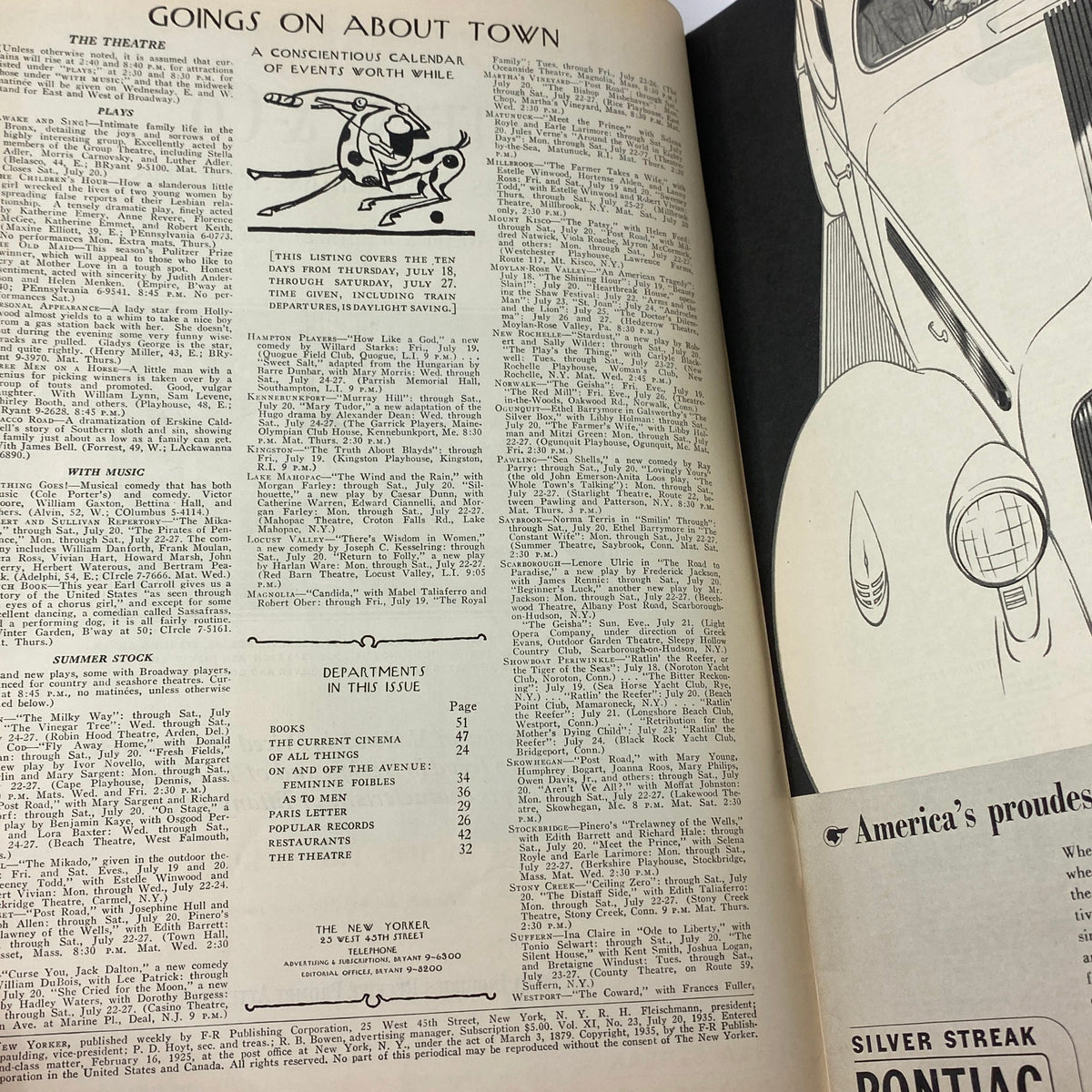 Interior page of The New Yorker July 20, 1935 showing the 'Goings On About Town' section with a whimsical illustration, highlighting events and cultural activities.