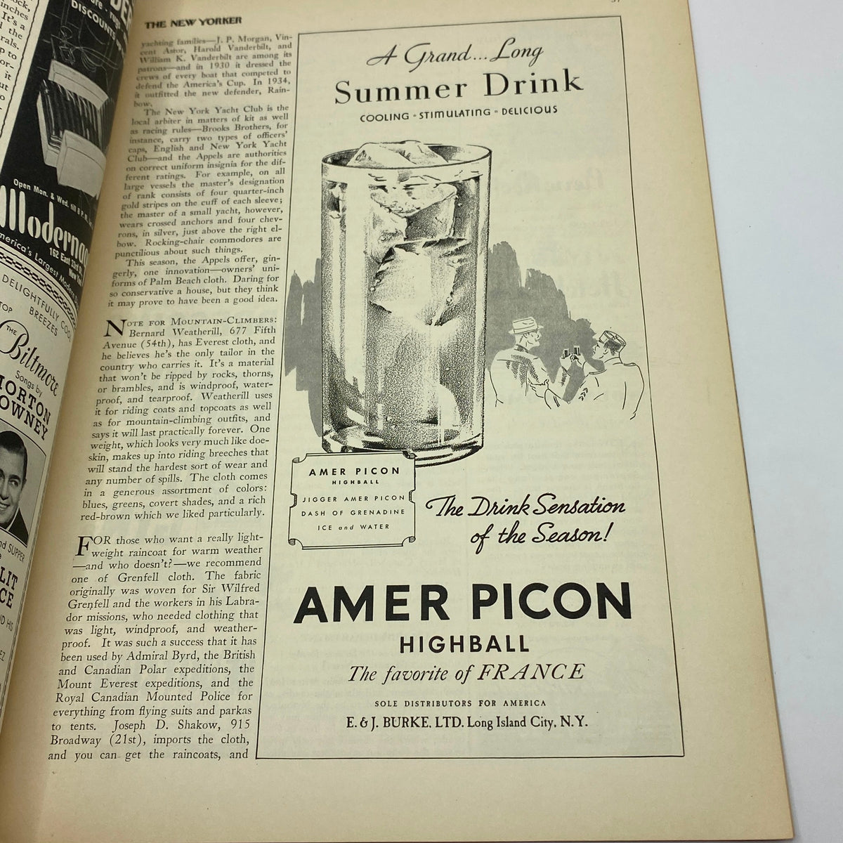 Interior advertisement from The New Yorker July 20, 1935 featuring a summer drink called Amer Picon, promoting its refreshing qualities for the season.