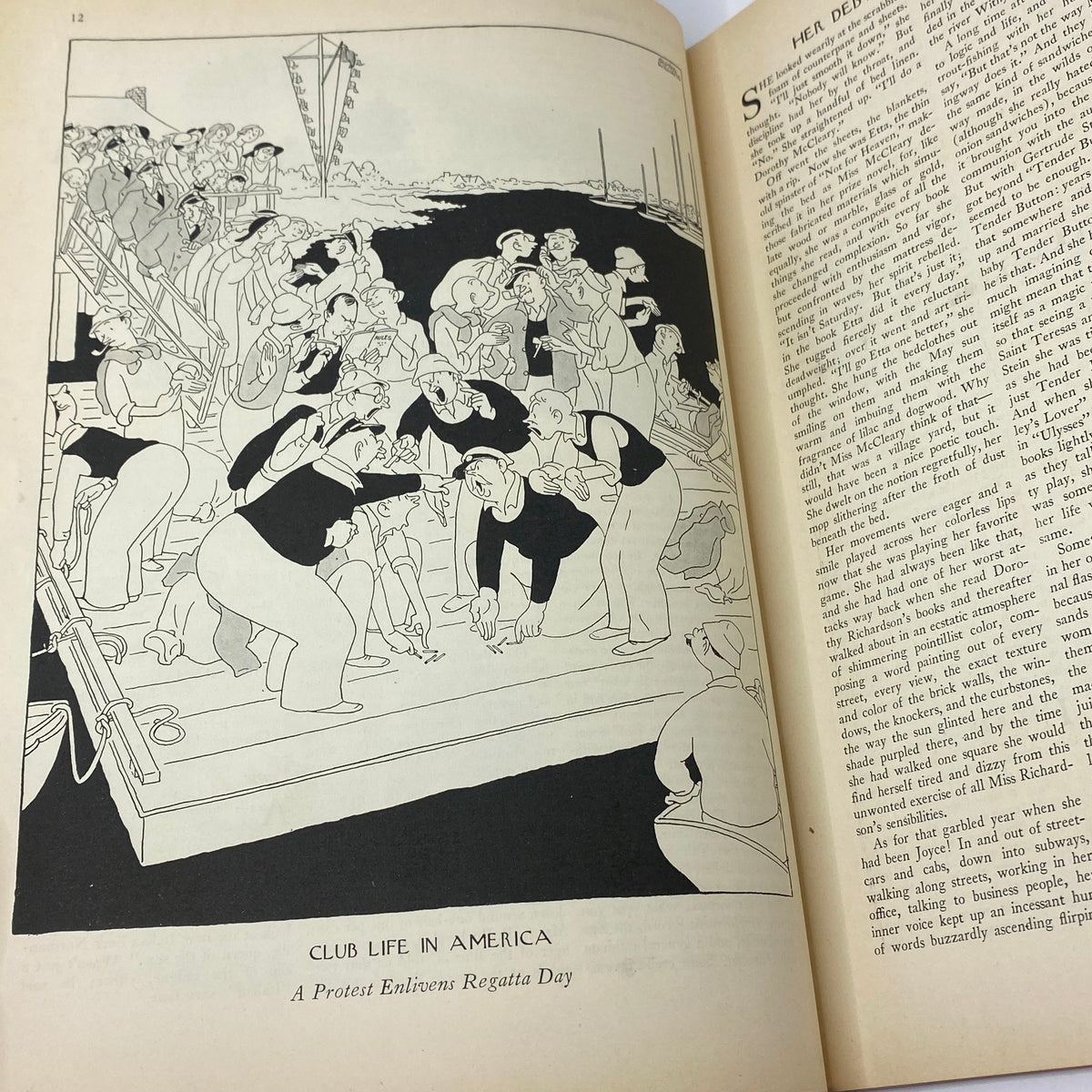 Illustration titled 'Club Life in America' from The New Yorker magazine, July 13, 1935, depicting a lively regatta day scene with various characters engaged in social activities.