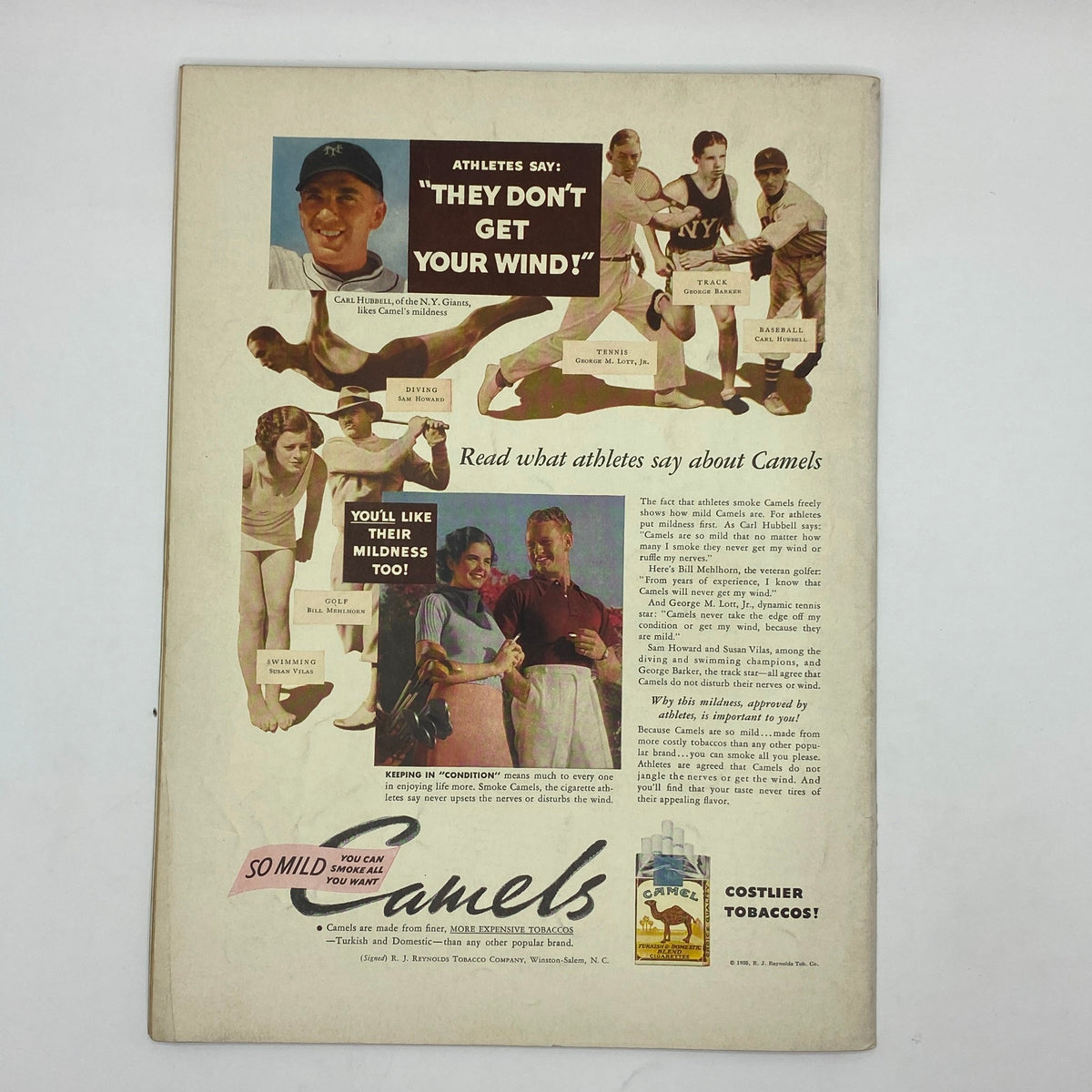 Advertisement for Camels cigarettes from The New Yorker magazine, July 13, 1935, showcasing athletes promoting the brand with images and testimonials about its mildness.