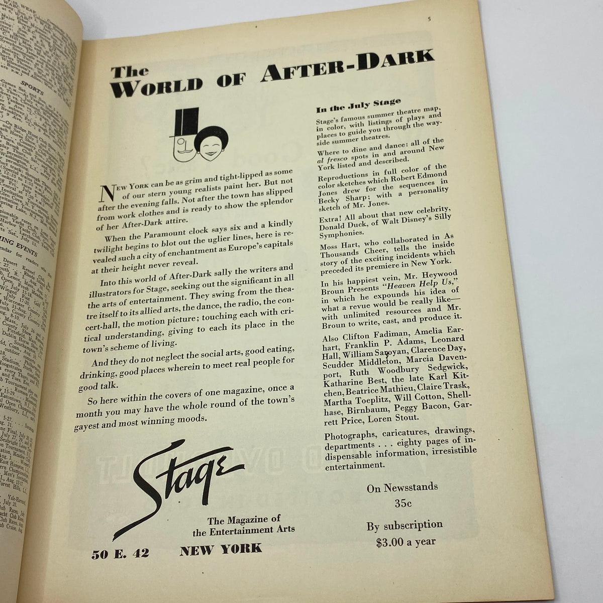 Another interior page of The New Yorker Magazine July 6, 1935 by William Steig, highlighting articles and features about entertainment and cultural events in New York.