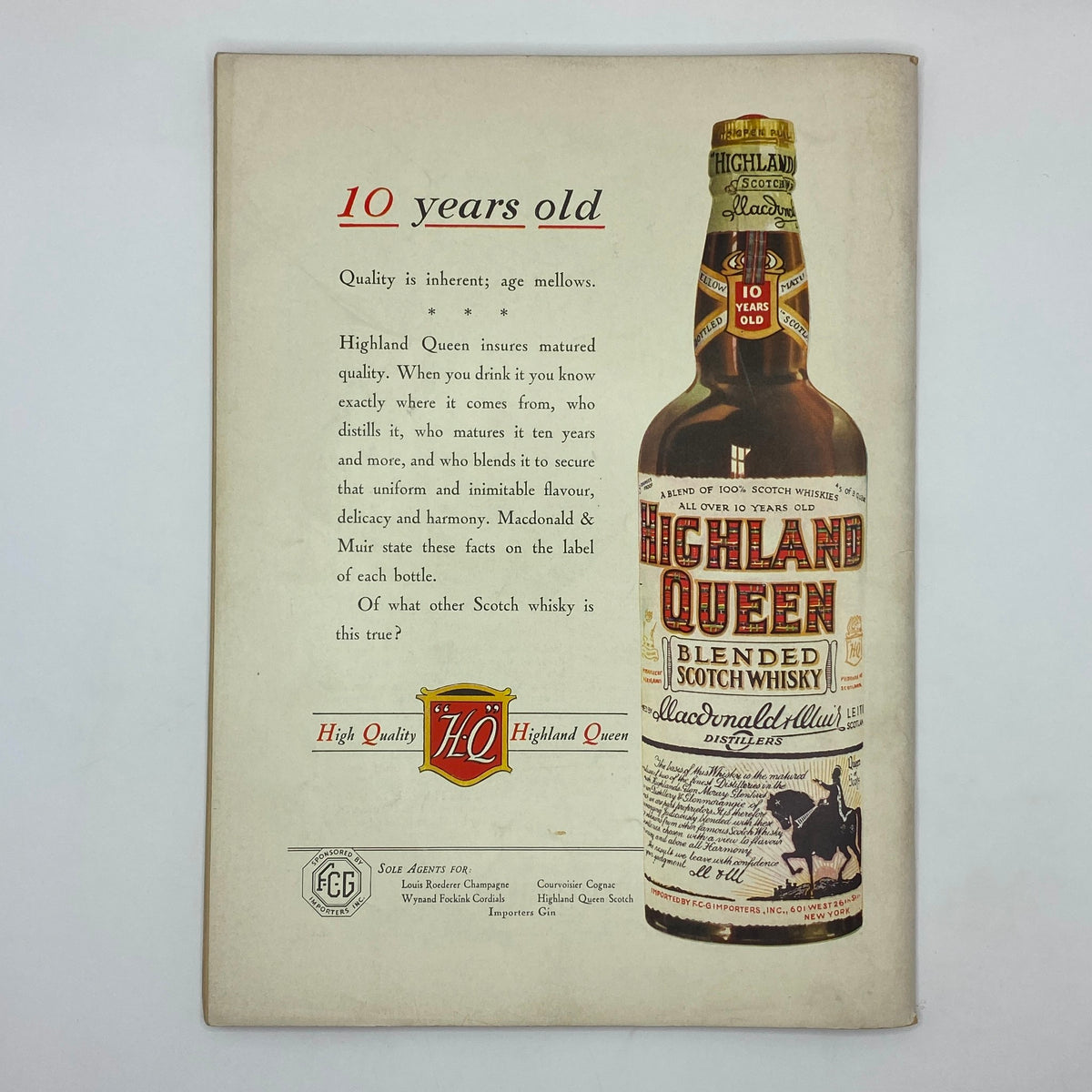 Highland Queen Blended Scotch Whisky advertisement from The New Yorker Complete Magazine December 7, 1935, highlighting the product's quality and heritage with a vintage bottle image.