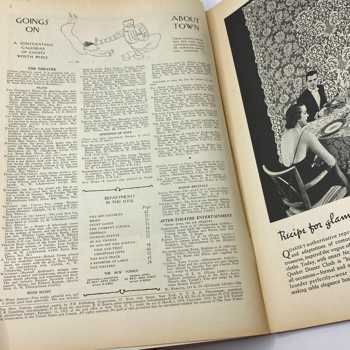 Interior spread of The New Yorker Complete Magazine November 30, 1935, showcasing articles 'Goings On' and 'About Town' with vintage design elements.