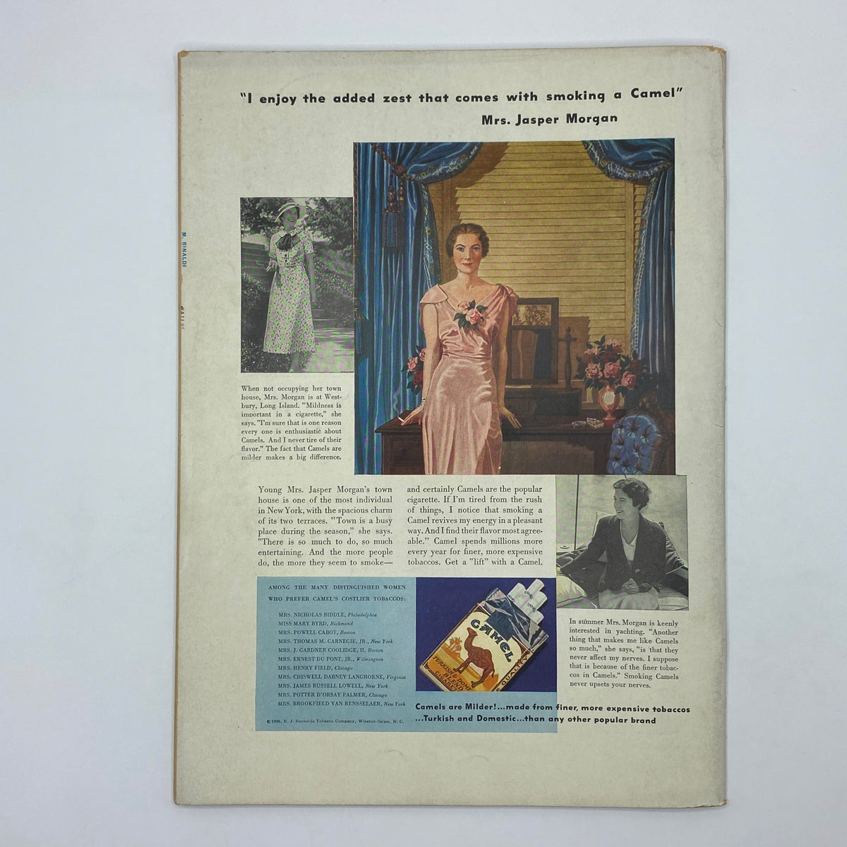 The New Yorker Complete Magazine November 30, 1935 - Alice Harvey Cover features a vintage advertisement for Camel cigarettes, showcasing Mrs. Jasper Morgan in an elegant dress, reflecting the style and culture of the 1930s.