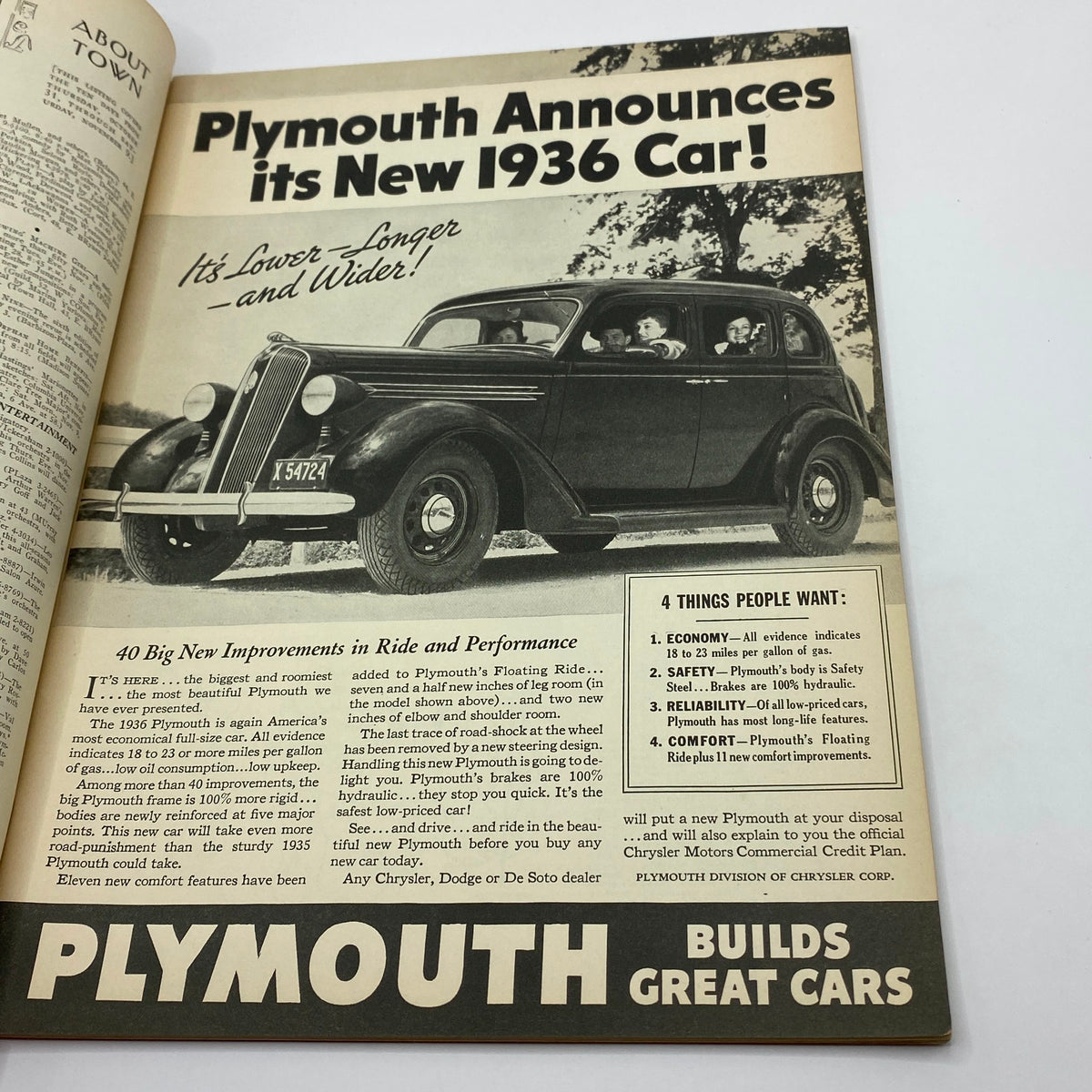 Detailed advertisement for the 1936 Plymouth car in The New Yorker Complete Magazine November 2, 1935, highlighting its new features and design.